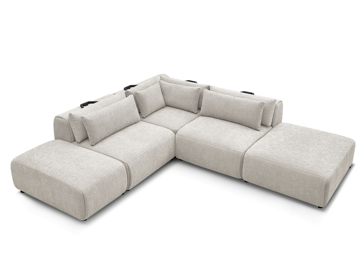 Canapé d'angle fixe modulable avec têtières JANA tissu texturé avec 2 chauffeuses, 1 angle et 2 poufs