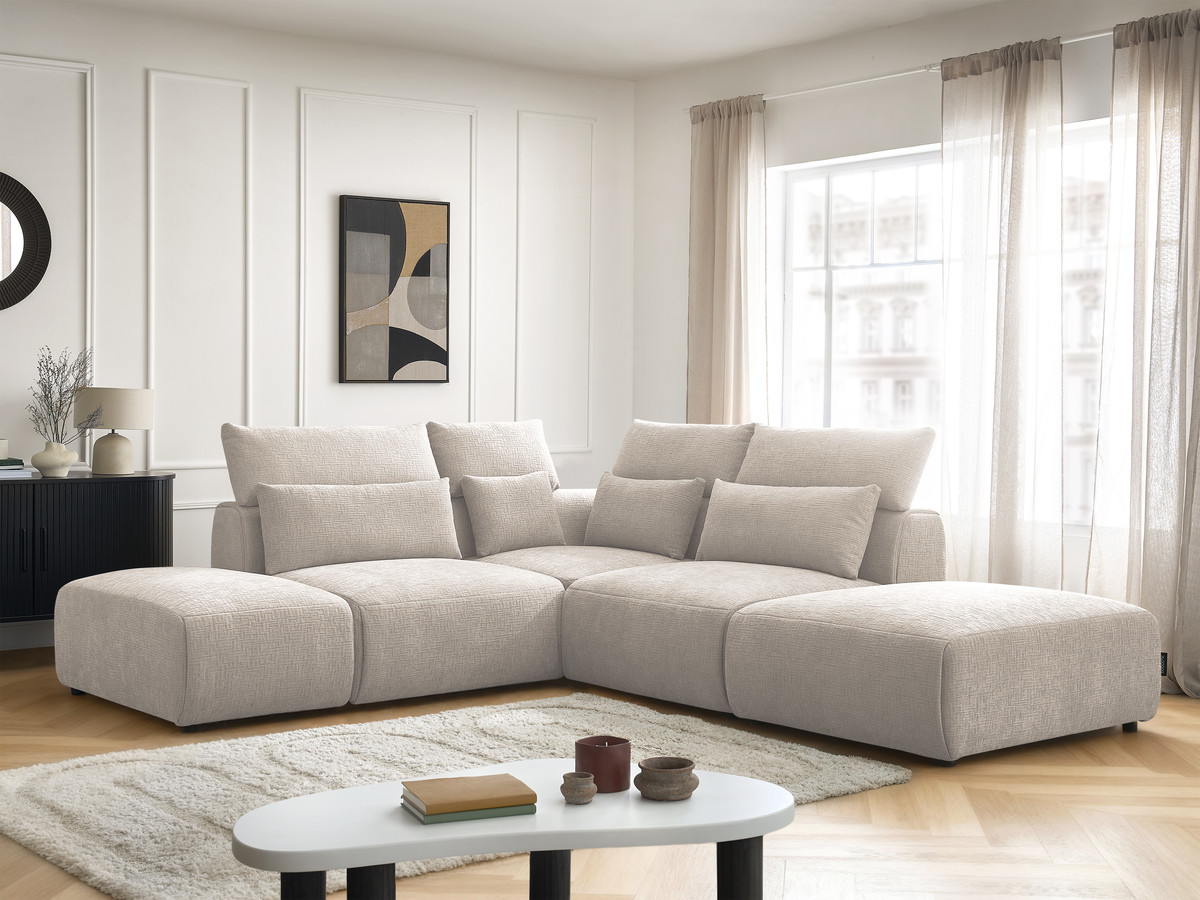 Canapé d'angle fixe modulable avec têtières JANA tissu texturé avec 2 chauffeuses, 1 angle et 2 poufs