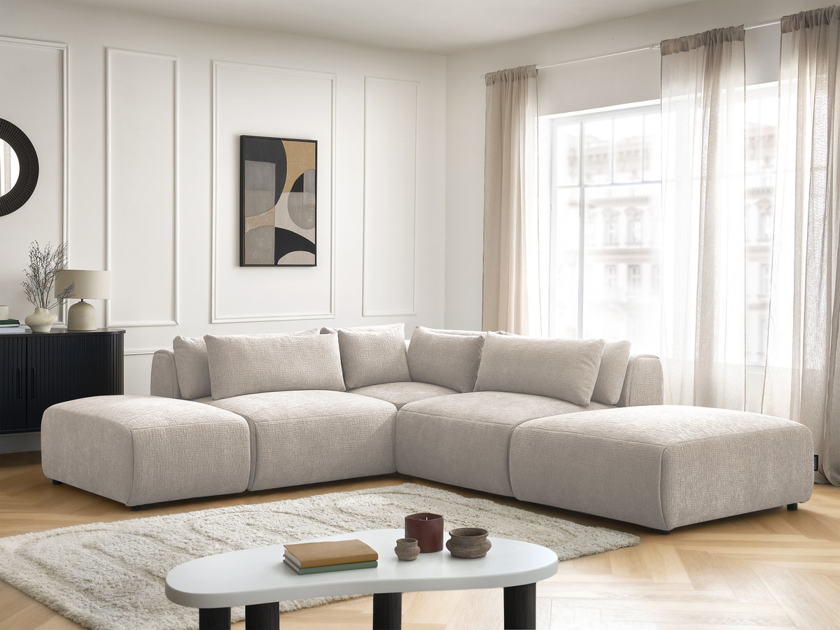 Canapé d'angle fixe modulable avec têtières JANA tissu texturé avec 2 chauffeuses, 1 angle et 2 poufs