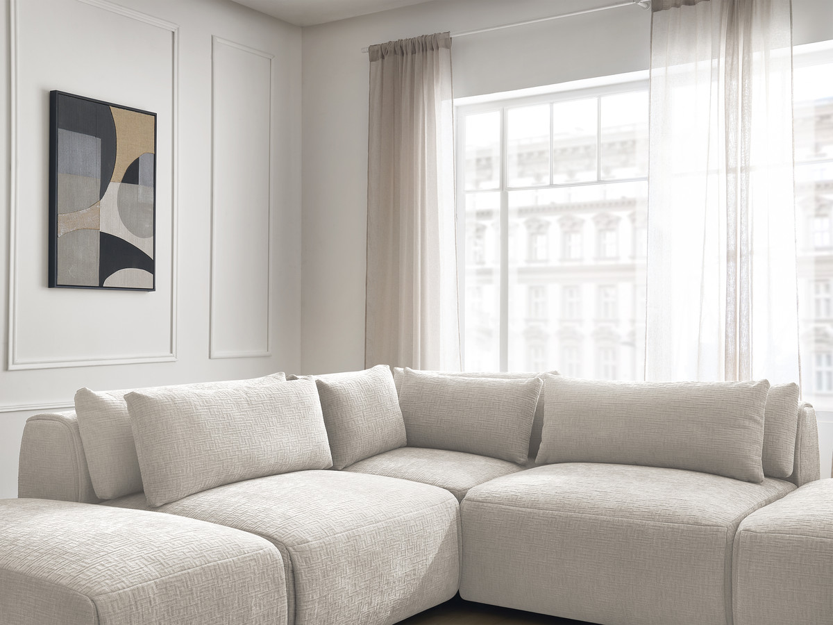 Canapé d'angle fixe modulable avec têtières JANA tissu texturé avec 2 chauffeuses, 1 angle et 2 poufs