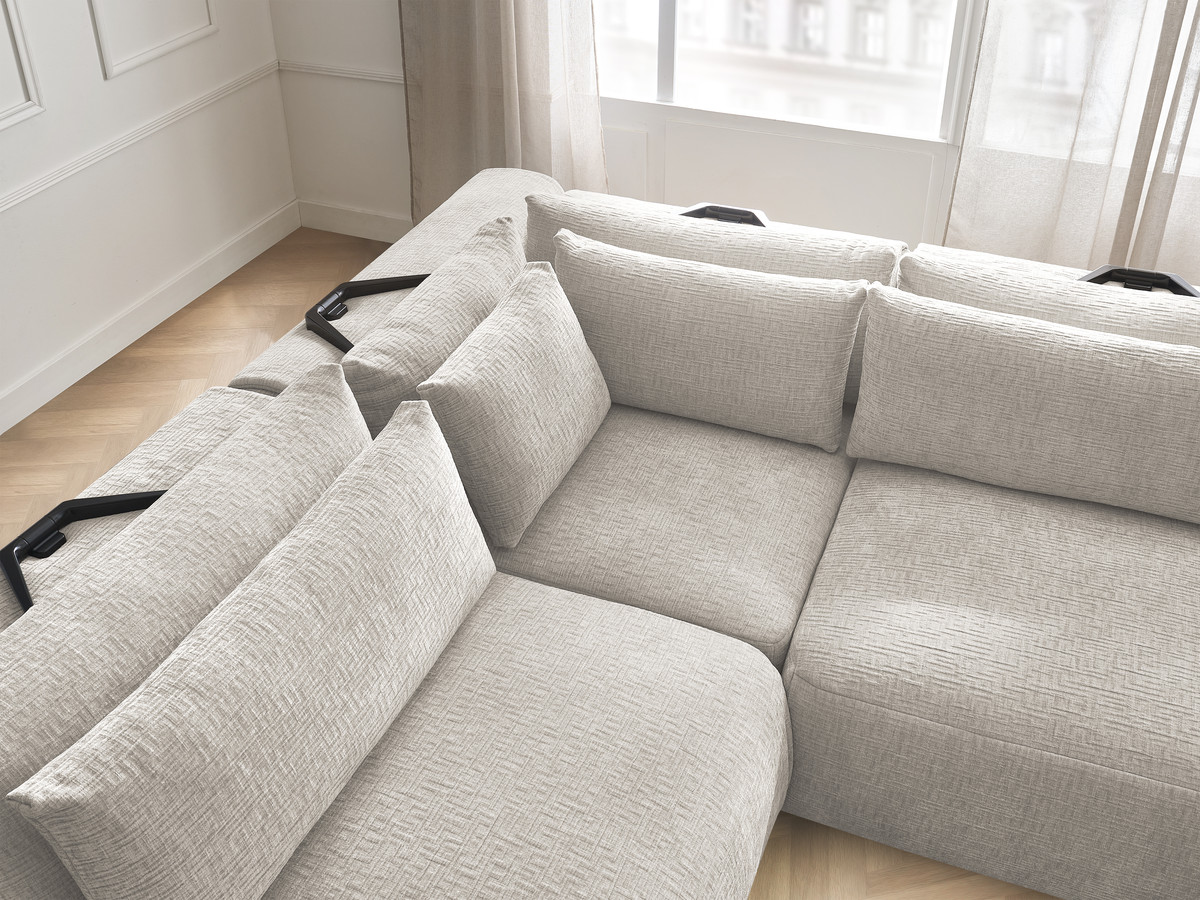 Canapé d'angle fixe modulable avec têtières JANA tissu texturé avec 2 chauffeuses, 1 angle et 2 poufs