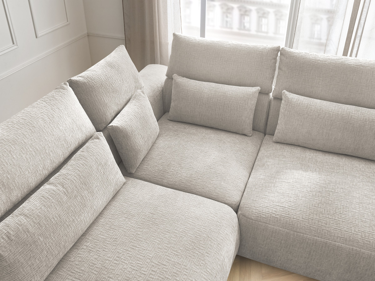 Canapé d'angle fixe modulable avec têtières JANA tissu texturé avec 2 chauffeuses, 1 angle et 2 poufs