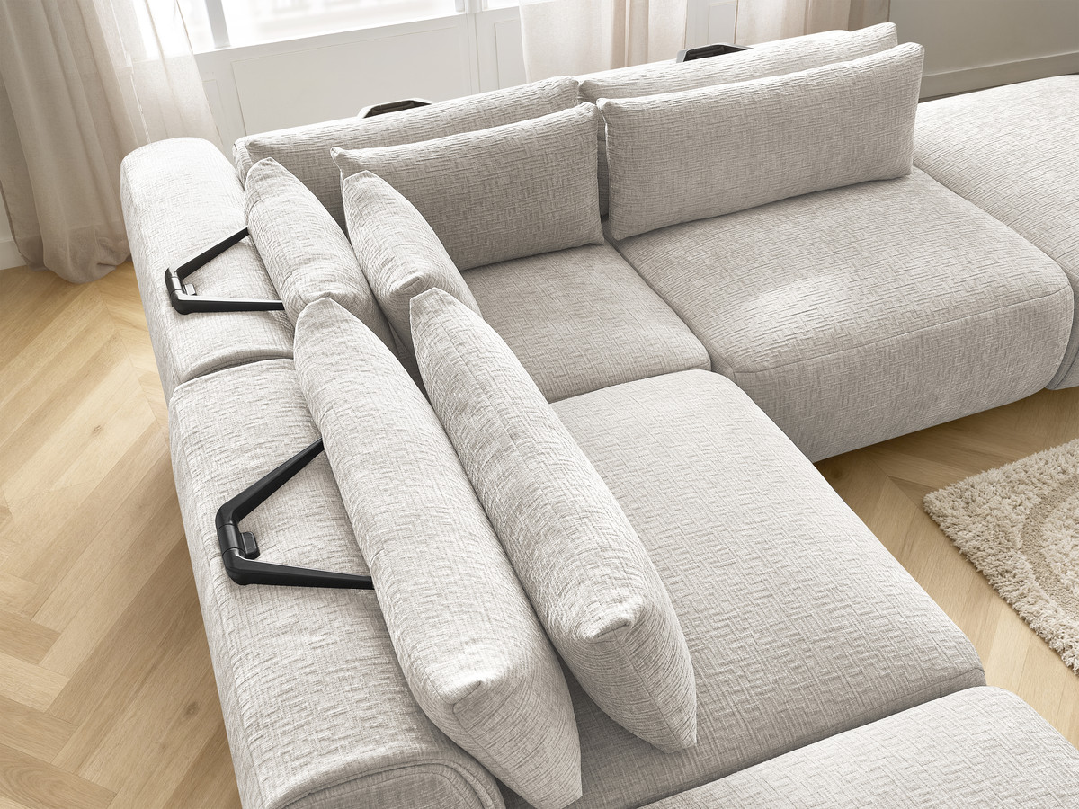 Canapé d'angle fixe modulable avec têtières JANA tissu texturé avec 2 chauffeuses, 1 angle et 2 poufs