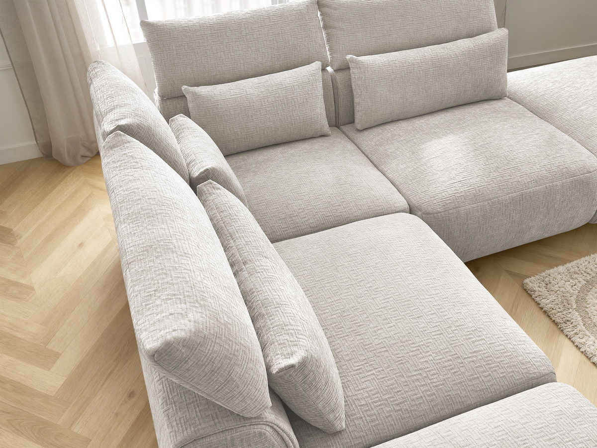 Canapé d'angle fixe modulable avec têtières JANA tissu texturé avec 2 chauffeuses, 1 angle et 2 poufs