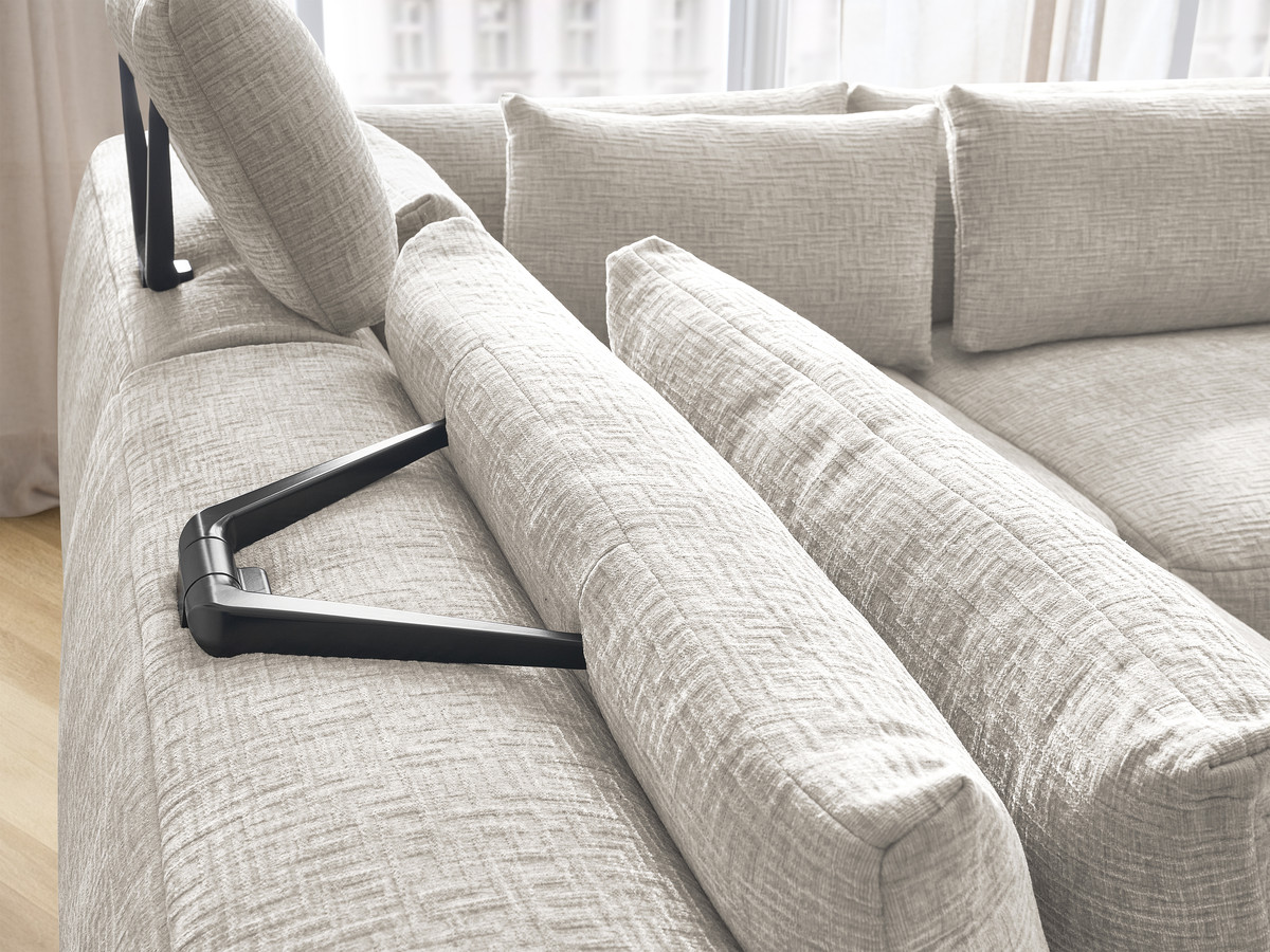 Canapé d'angle fixe modulable avec têtières JANA tissu texturé avec 2 chauffeuses, 1 angle et 2 poufs