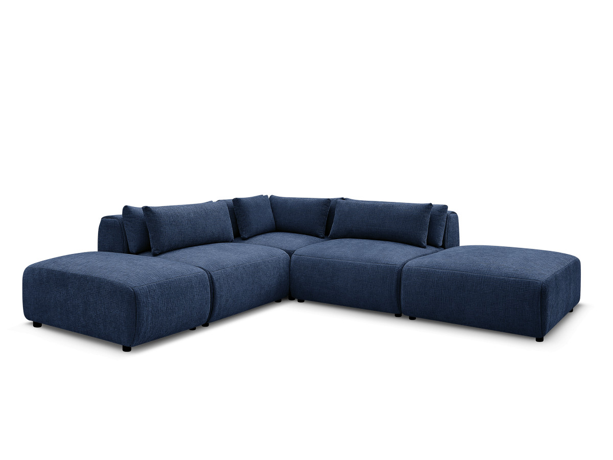 Canapé d'angle fixe modulable avec têtières JANA tissu texturé avec 2 chauffeuses, 1 angle et 2 poufs