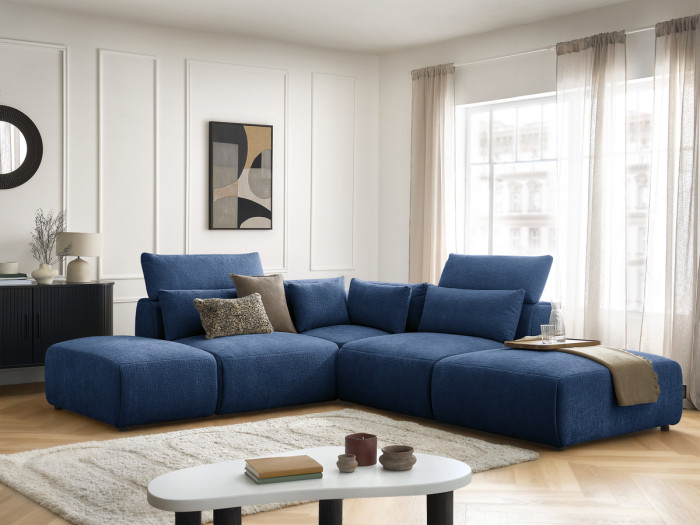 Canapé d'angle fixe modulable avec têtières JANA tissu texturé avec 2 chauffeuses, 1 angle et 2 poufs