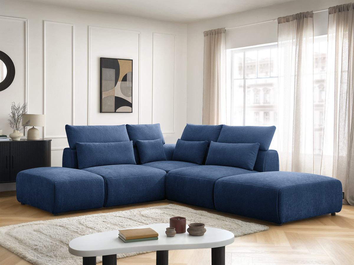 Canapé d'angle fixe modulable avec têtières JANA tissu texturé avec 2 chauffeuses, 1 angle et 2 poufs