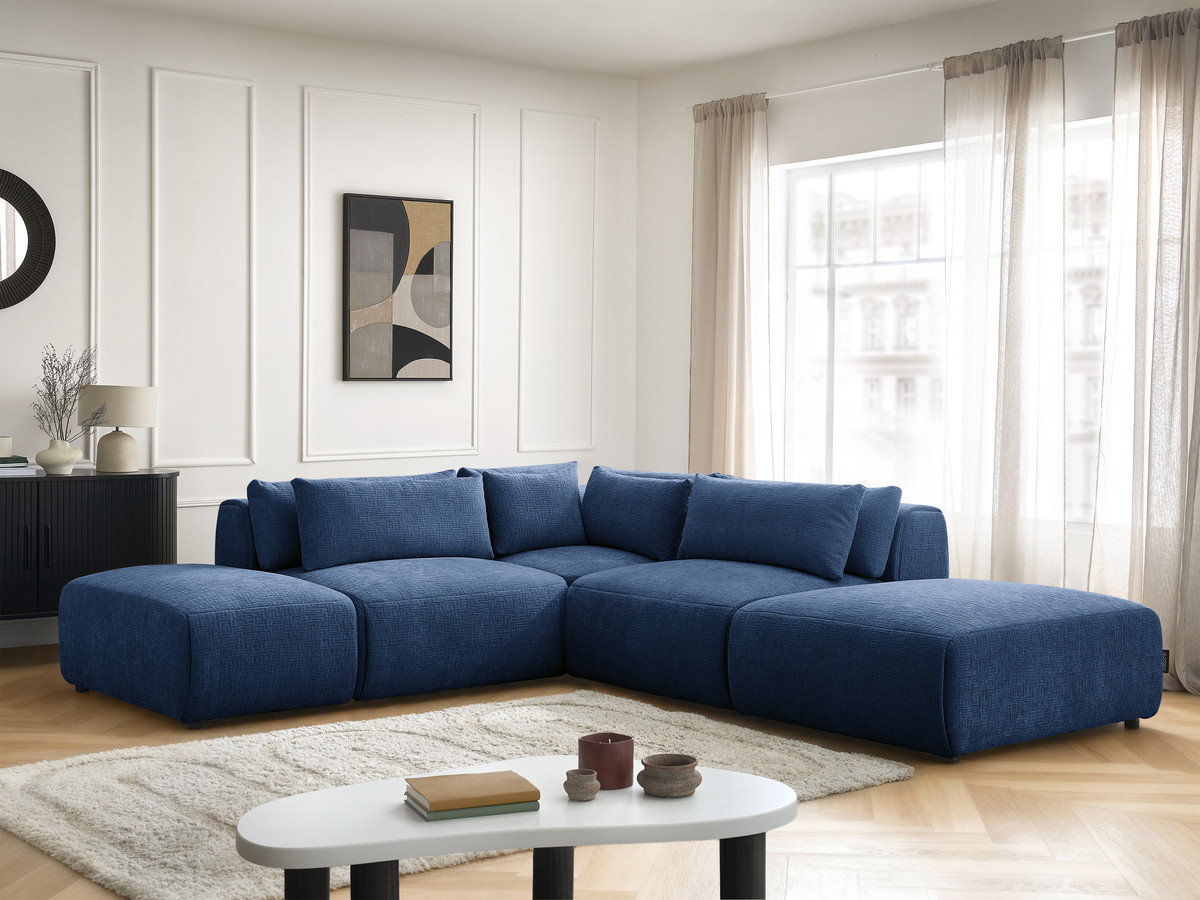 Canapé d'angle fixe modulable avec têtières JANA tissu texturé avec 2 chauffeuses, 1 angle et 2 poufs