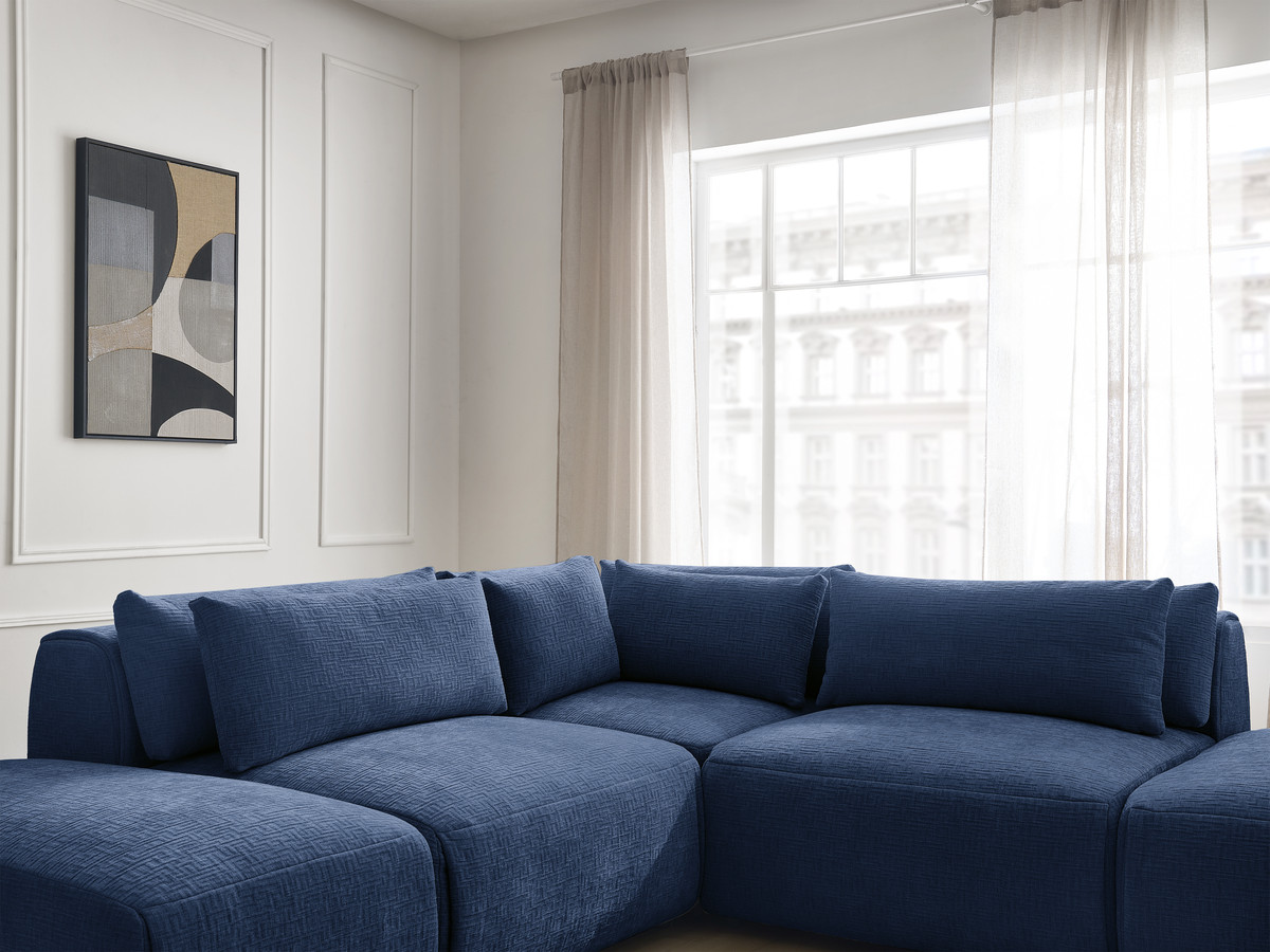 Canapé d'angle fixe modulable avec têtières JANA tissu texturé avec 2 chauffeuses, 1 angle et 2 poufs