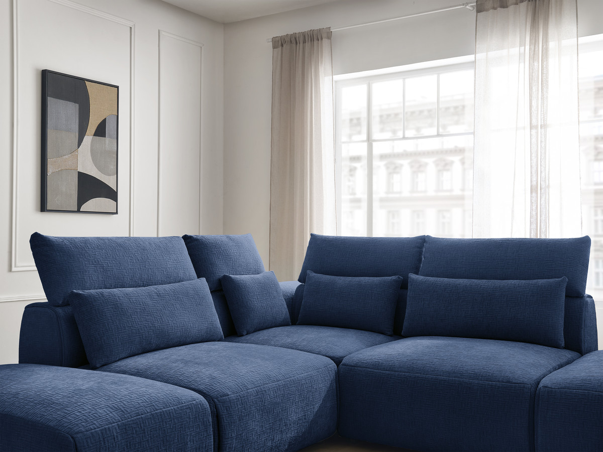 Canapé d'angle fixe modulable avec têtières JANA tissu texturé avec 2 chauffeuses, 1 angle et 2 poufs