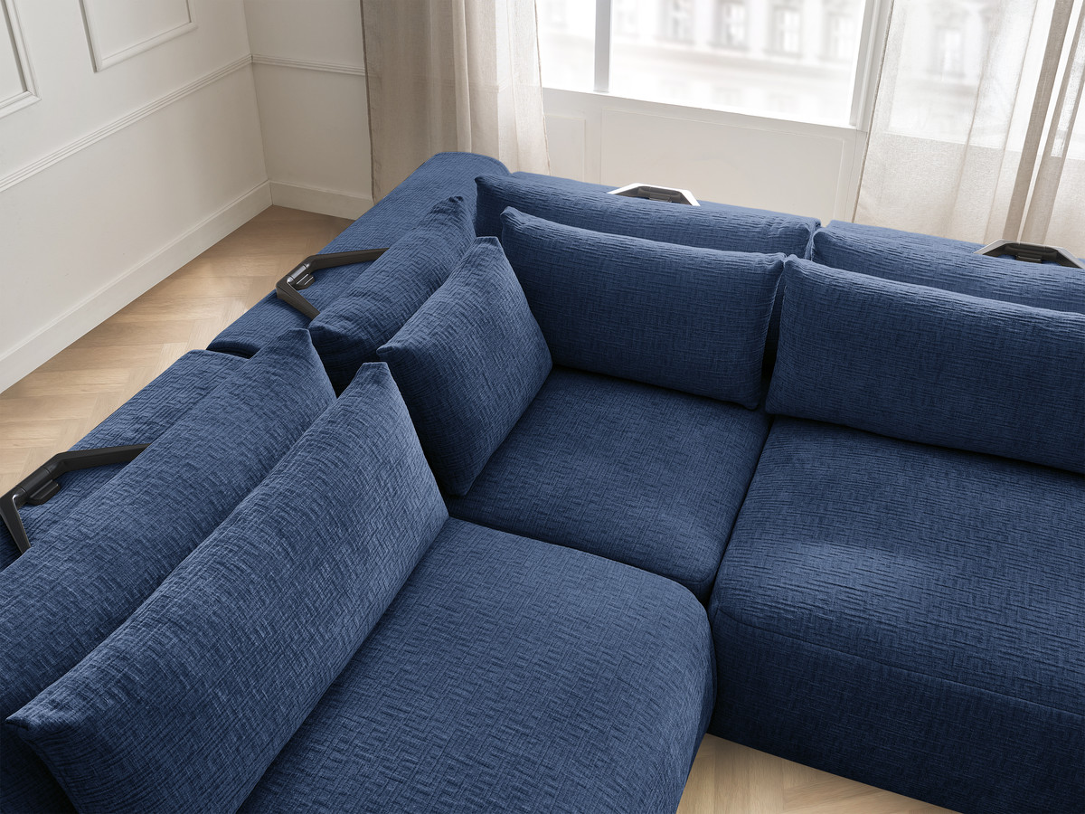 Canapé d'angle fixe modulable avec têtières JANA tissu texturé avec 2 chauffeuses, 1 angle et 2 poufs