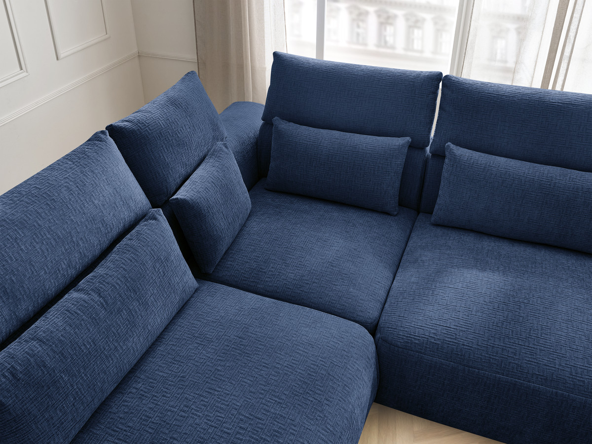 Canapé d'angle fixe modulable avec têtières JANA tissu texturé avec 2 chauffeuses, 1 angle et 2 poufs