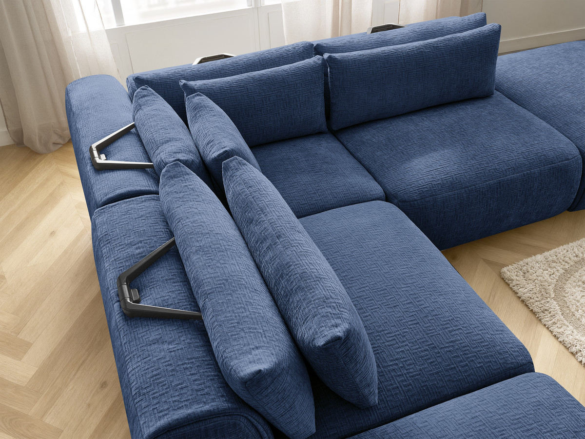 Canapé d'angle fixe modulable avec têtières JANA tissu texturé avec 2 chauffeuses, 1 angle et 2 poufs
