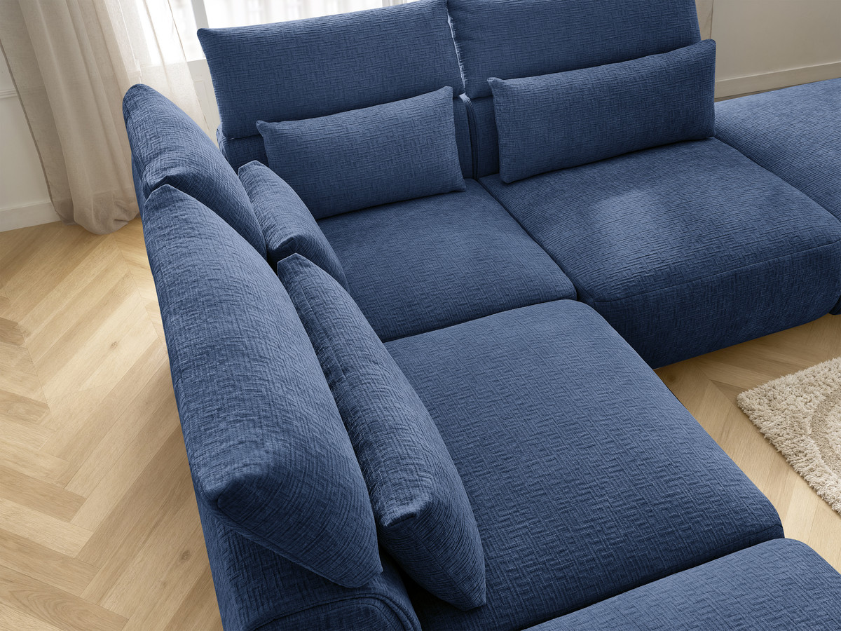 Canapé d'angle fixe modulable avec têtières JANA tissu texturé avec 2 chauffeuses, 1 angle et 2 poufs