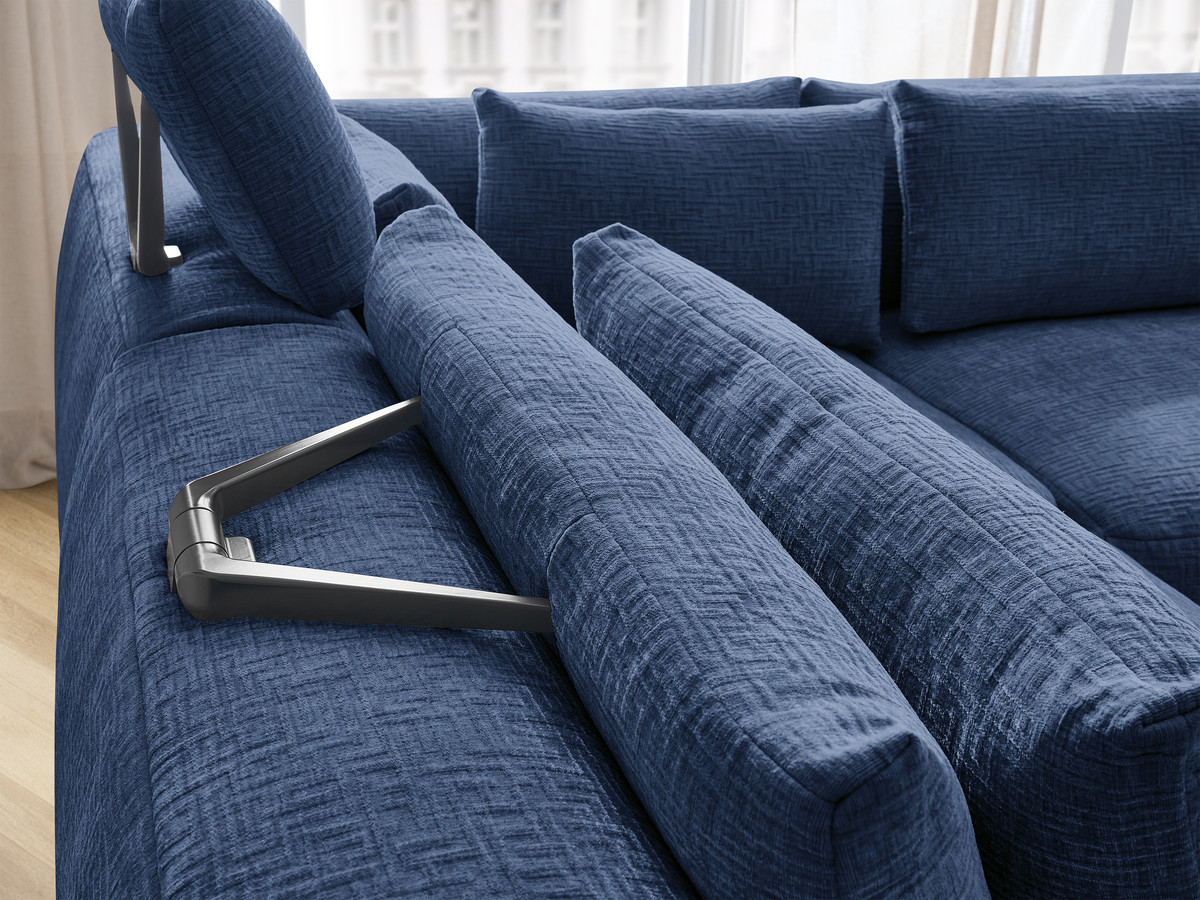 Canapé d'angle fixe modulable avec têtières JANA tissu texturé avec 2 chauffeuses, 1 angle et 2 poufs