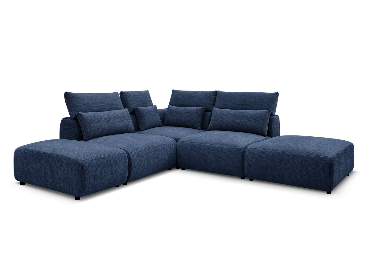 Canapé d'angle fixe modulable avec têtières JANA tissu texturé avec 2 chauffeuses, 1 angle et 2 poufs