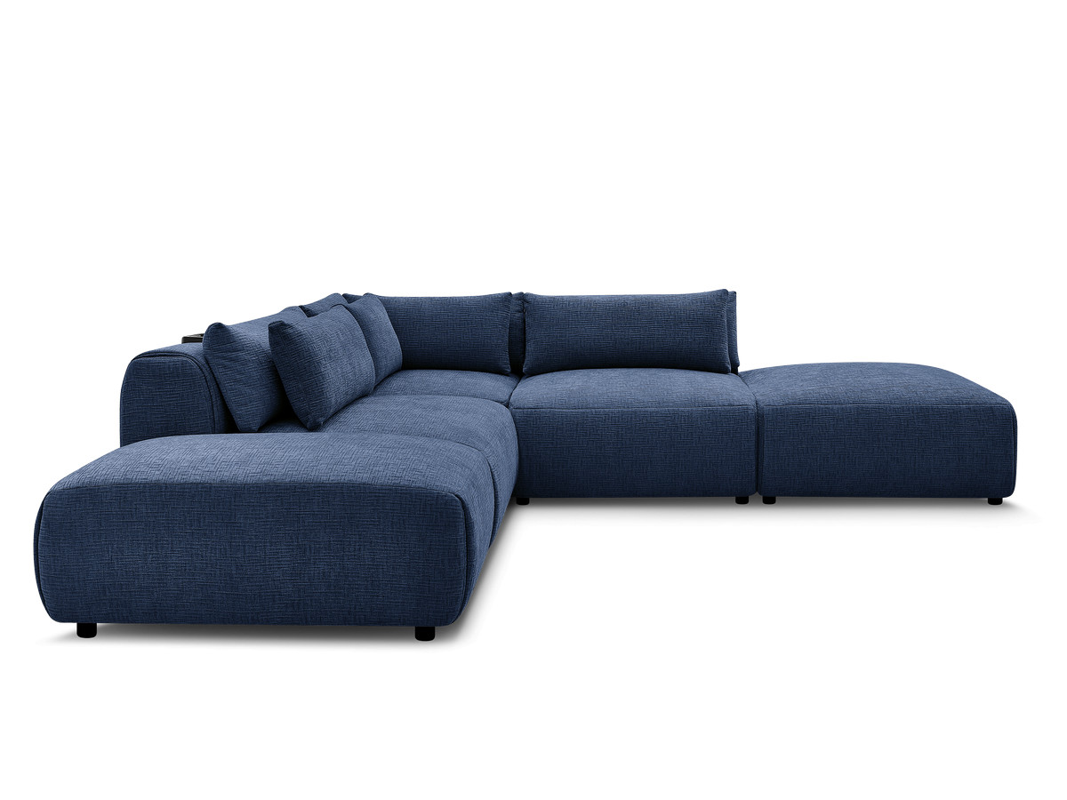 Canapé d'angle fixe modulable avec têtières JANA tissu texturé avec 2 chauffeuses, 1 angle et 2 poufs