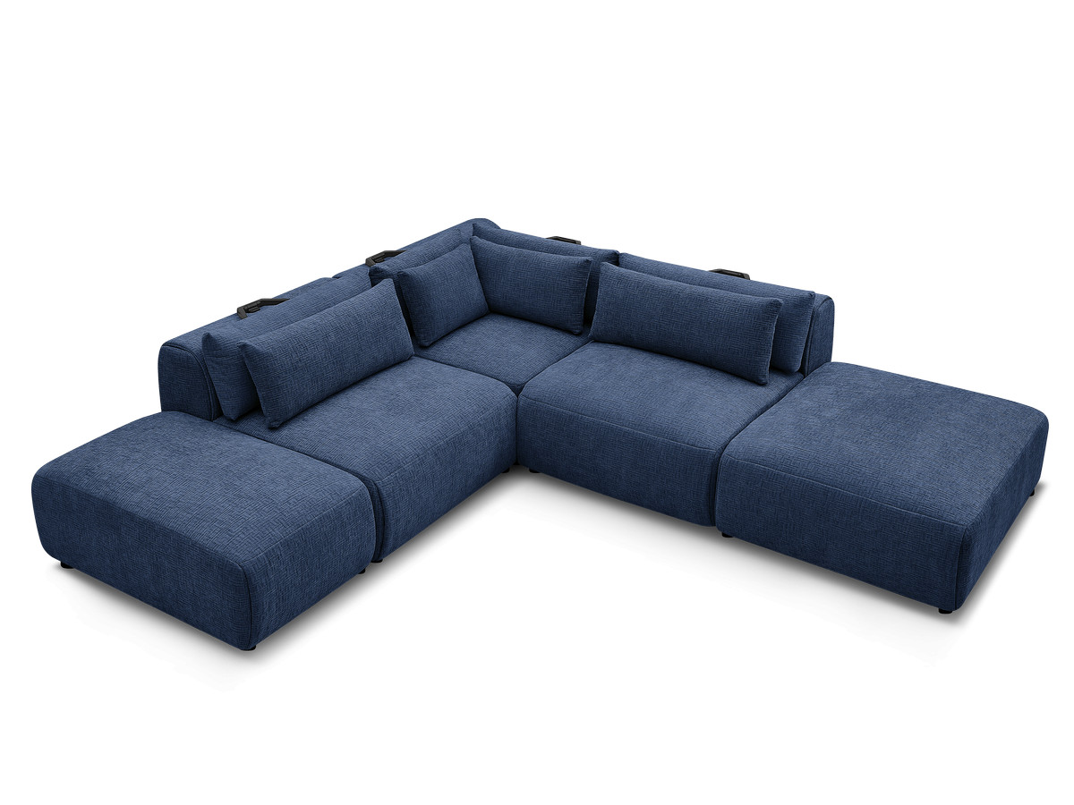 Canapé d'angle fixe modulable avec têtières JANA tissu texturé avec 2 chauffeuses, 1 angle et 2 poufs