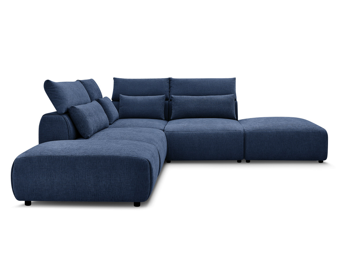 Canapé d'angle fixe modulable avec têtières JANA tissu texturé avec 2 chauffeuses, 1 angle et 2 poufs