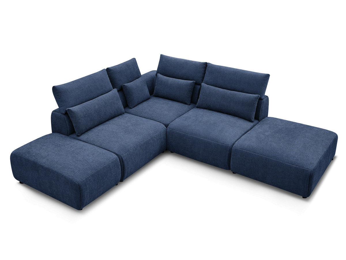 Canapé d'angle fixe modulable avec têtières JANA tissu texturé avec 2 chauffeuses, 1 angle et 2 poufs