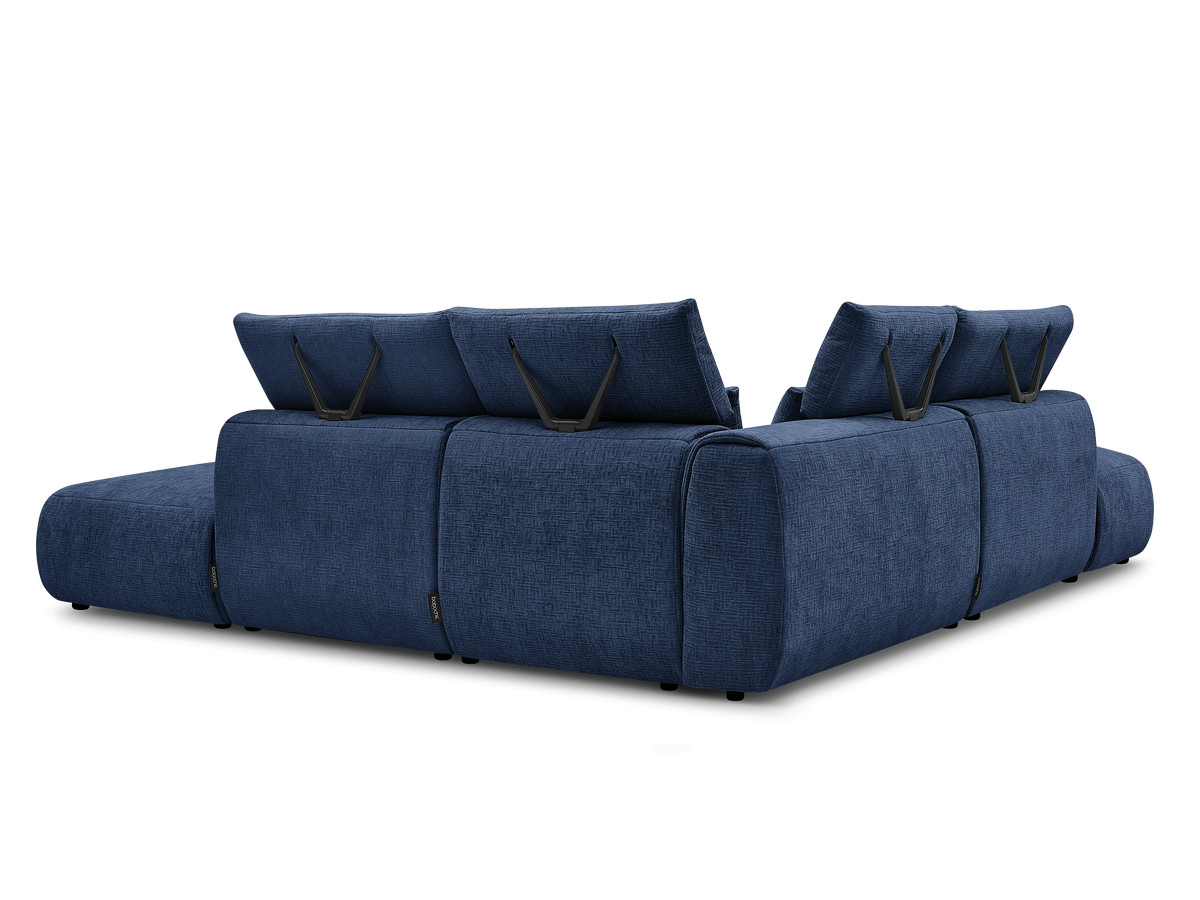 Canapé d'angle fixe modulable avec têtières JANA tissu texturé avec 2 chauffeuses, 1 angle et 2 poufs