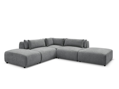 Canapé d'angle fixe modulable avec têtières JANA tissu texturé avec 2 chauffeuses, 1 angle et 2 poufs