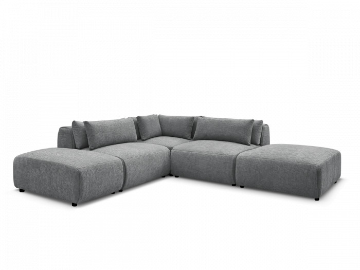 Canapé d'angle fixe modulable avec têtières JANA tissu texturé avec 2 chauffeuses, 1 angle et 2 poufs