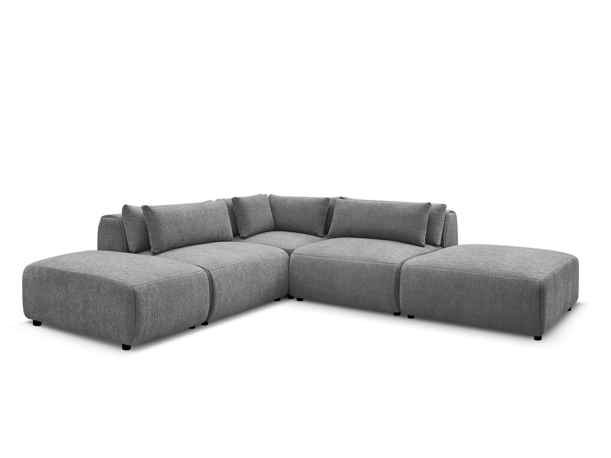canapé d'angle fixe modulable avec têtières jana tissu texturé avec 2 chauffeuses, 1 angle et 2 poufs de couleur gris foncé