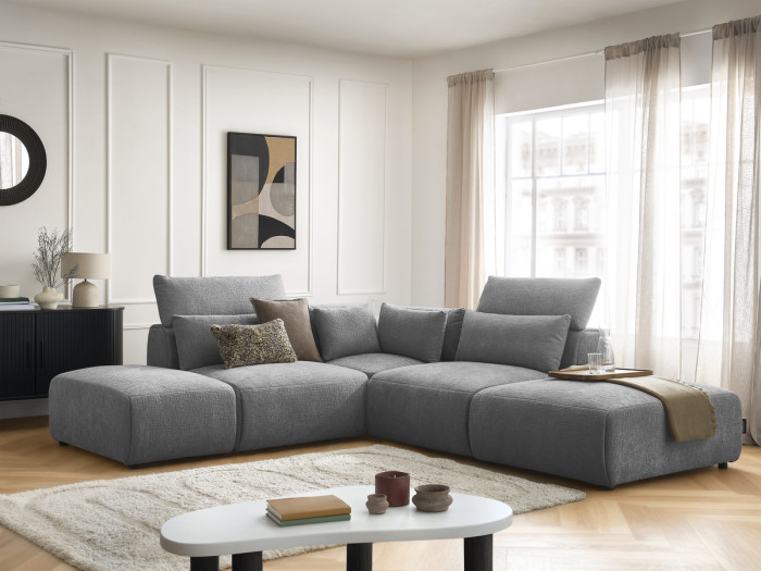 Canapé d'angle fixe modulable avec têtières JANA tissu texturé avec 2 chauffeuses, 1 angle et 2 poufs