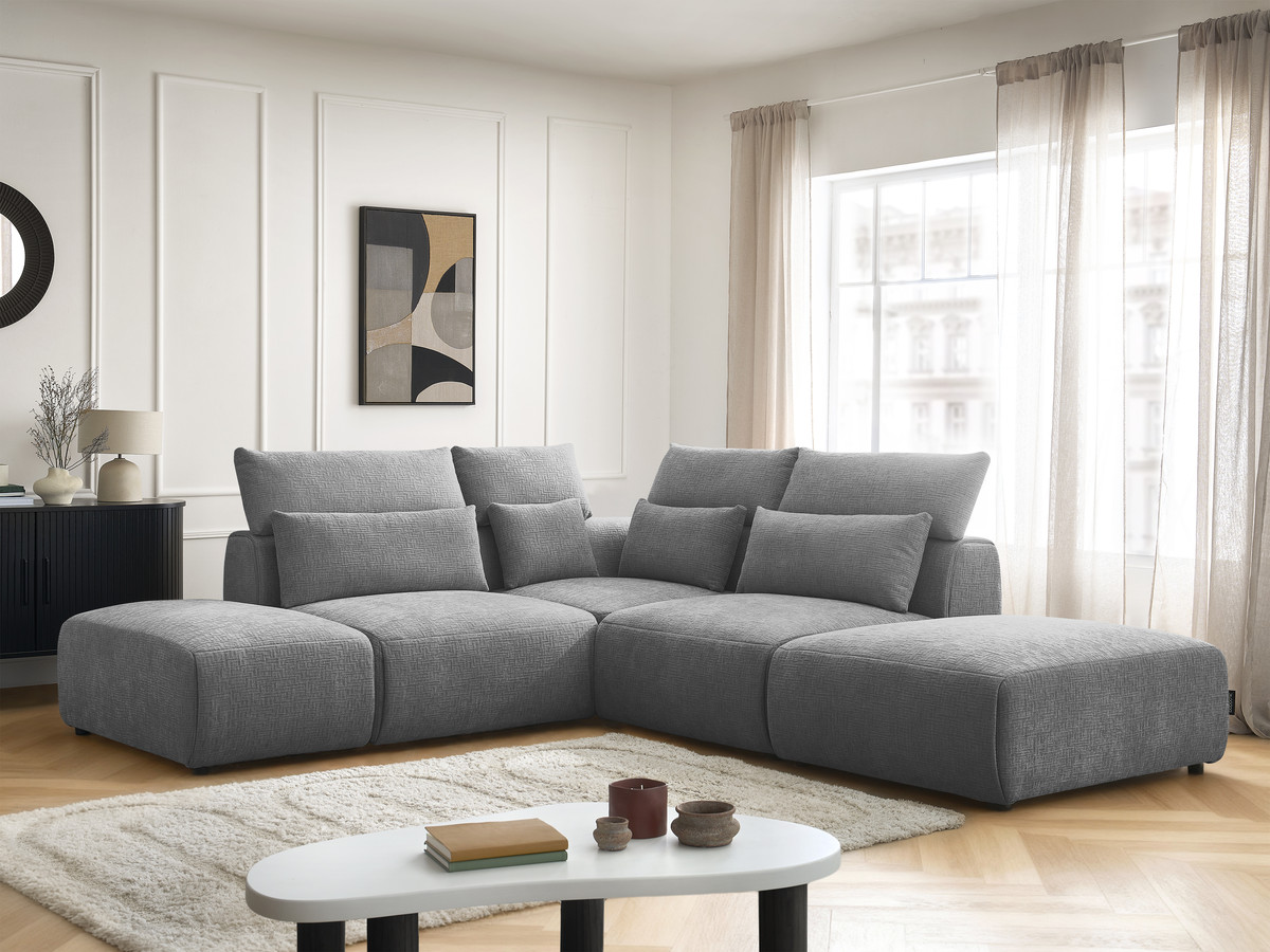 Canapé d'angle fixe modulable avec têtières JANA tissu texturé avec 2 chauffeuses, 1 angle et 2 poufs