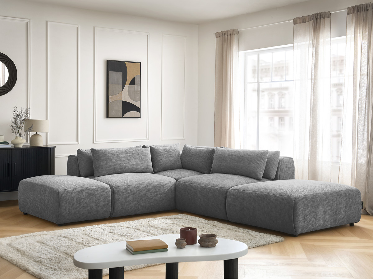 Canapé d'angle fixe modulable avec têtières JANA tissu texturé avec 2 chauffeuses, 1 angle et 2 poufs