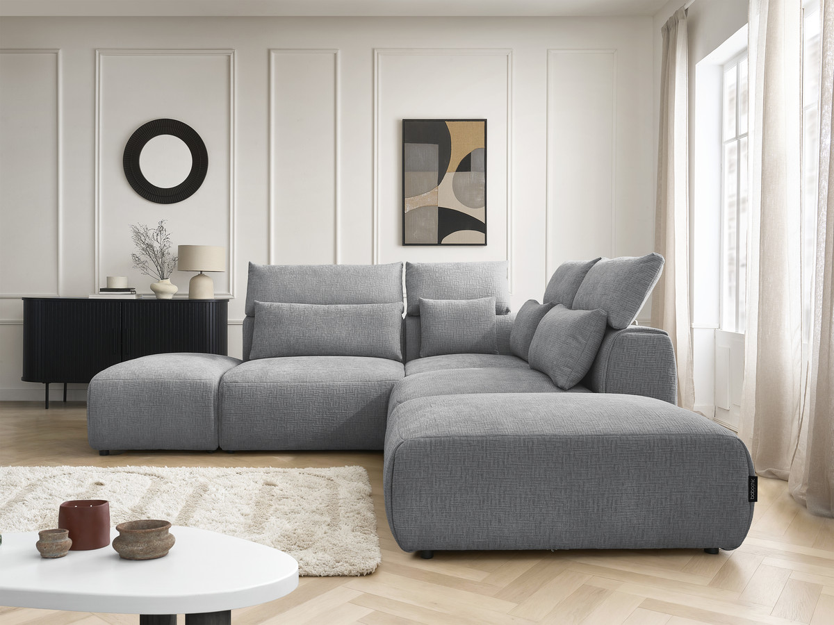Canapé d'angle fixe modulable avec têtières JANA tissu texturé avec 2 chauffeuses, 1 angle et 2 poufs