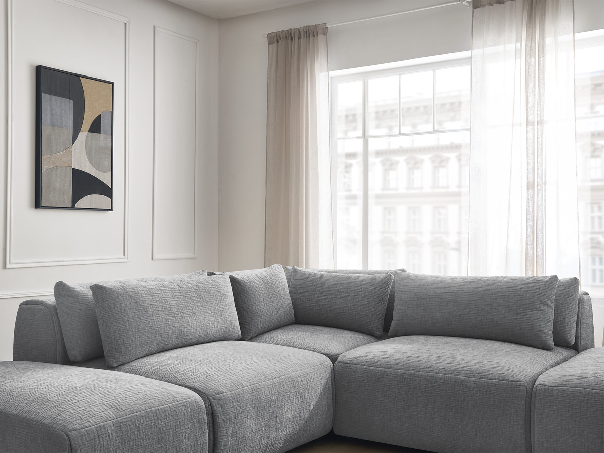 Canapé d'angle fixe modulable avec têtières JANA tissu texturé avec 2 chauffeuses, 1 angle et 2 poufs