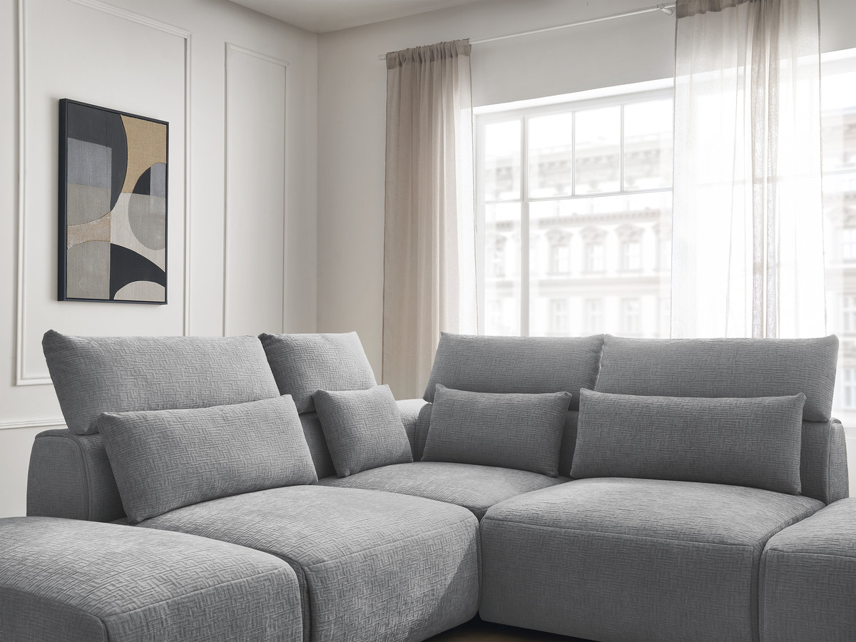 Canapé d'angle fixe modulable avec têtières JANA tissu texturé avec 2 chauffeuses, 1 angle et 2 poufs