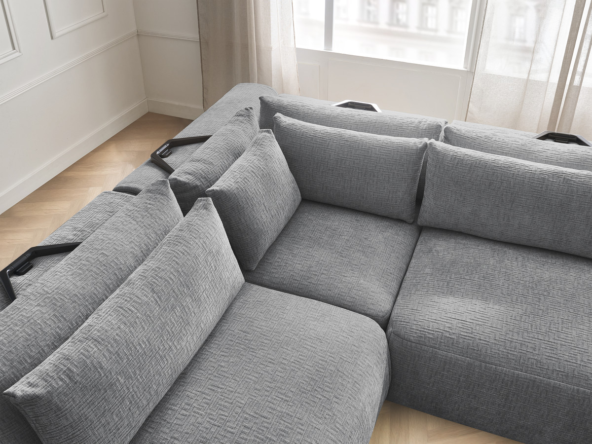 Canapé d'angle fixe modulable avec têtières JANA tissu texturé avec 2 chauffeuses, 1 angle et 2 poufs