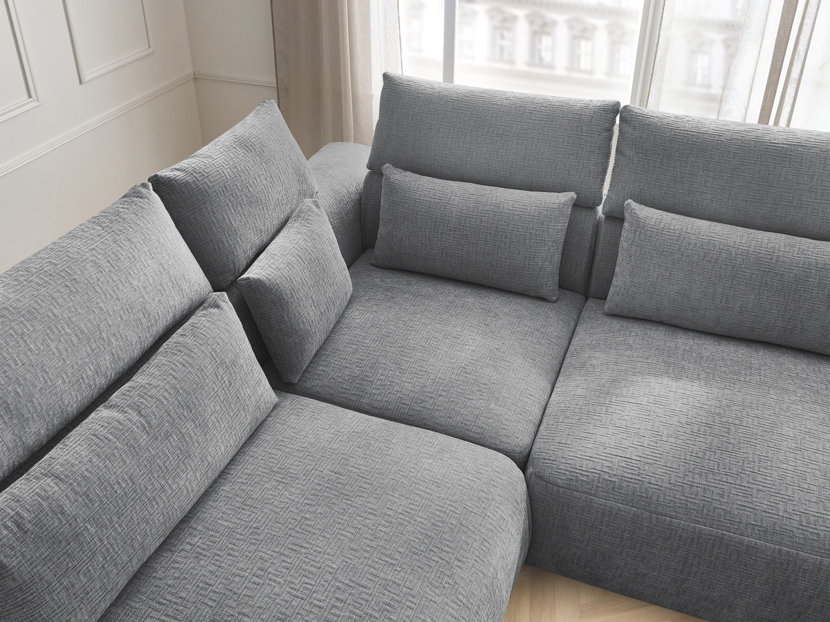 Canapé d'angle fixe modulable avec têtières JANA tissu texturé avec 2 chauffeuses, 1 angle et 2 poufs