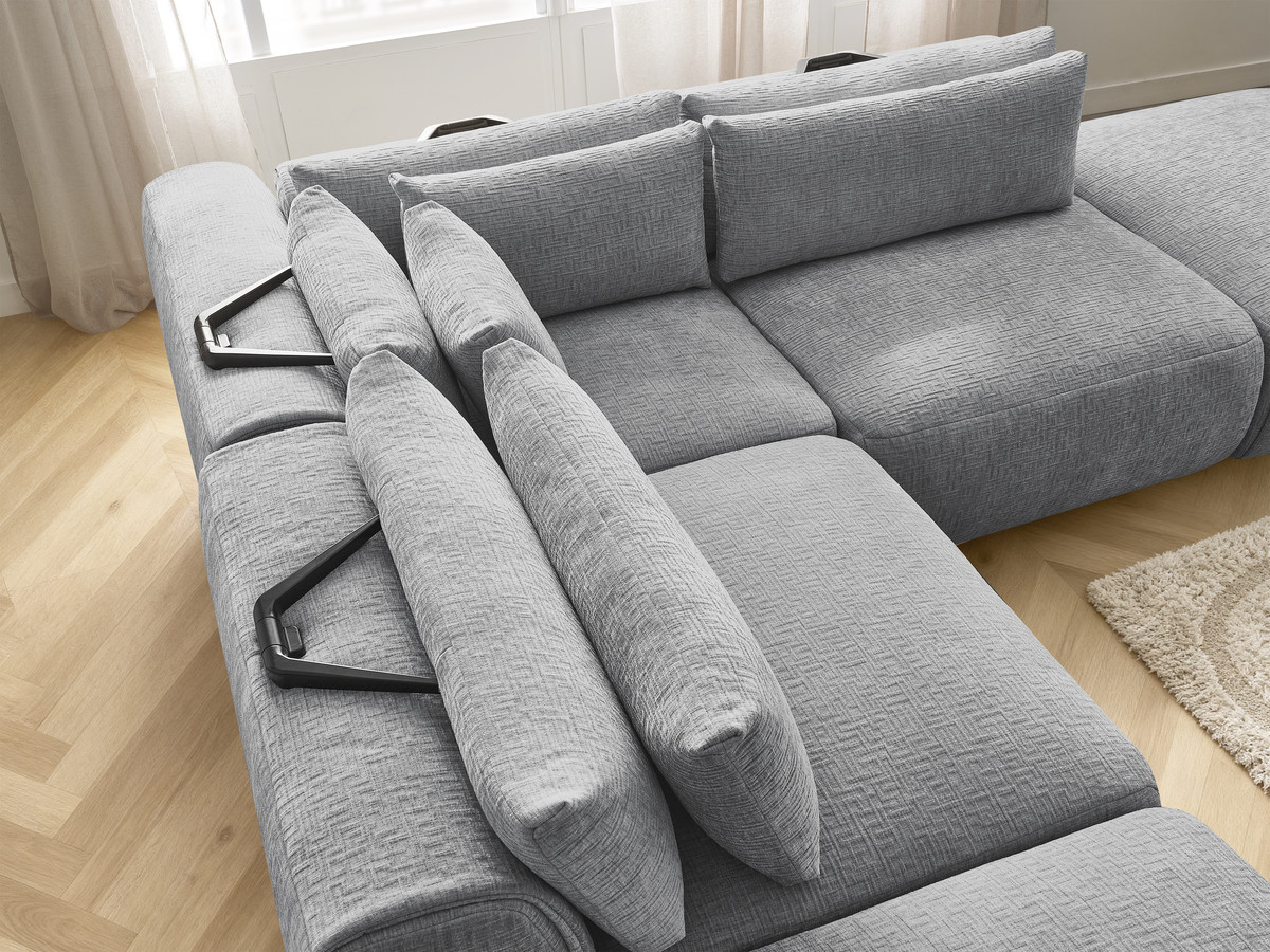 Canapé d'angle fixe modulable avec têtières JANA tissu texturé avec 2 chauffeuses, 1 angle et 2 poufs