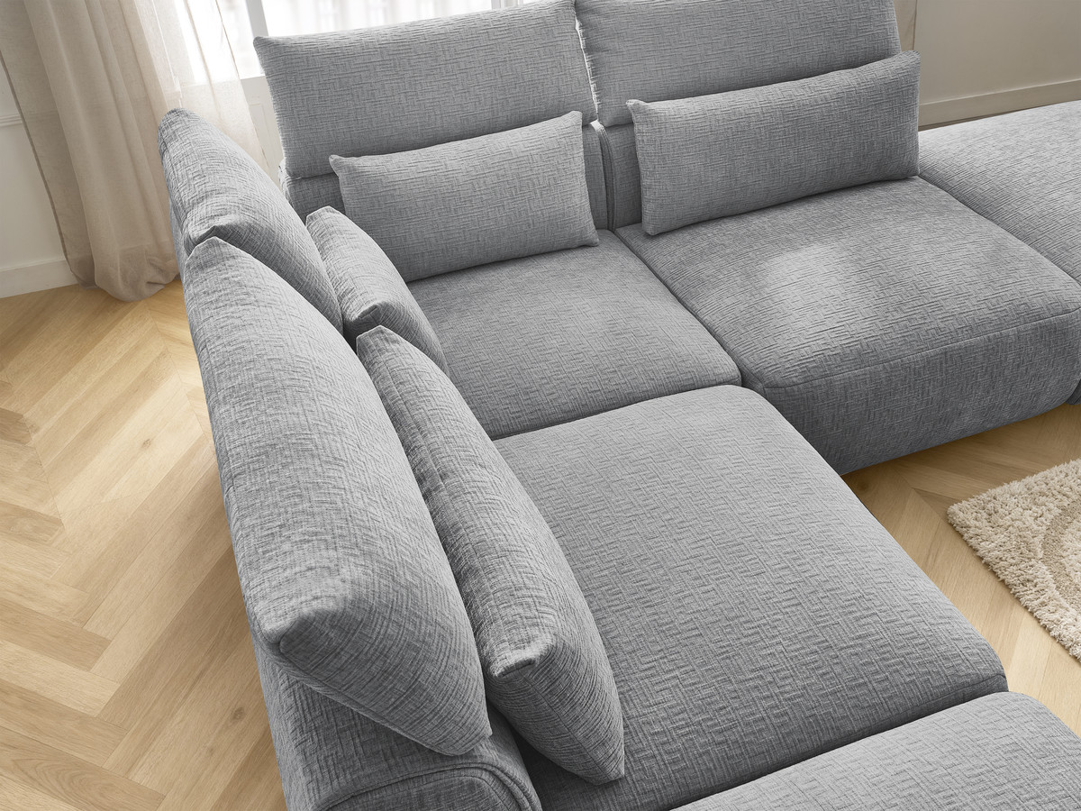 Canapé d'angle fixe modulable avec têtières JANA tissu texturé avec 2 chauffeuses, 1 angle et 2 poufs