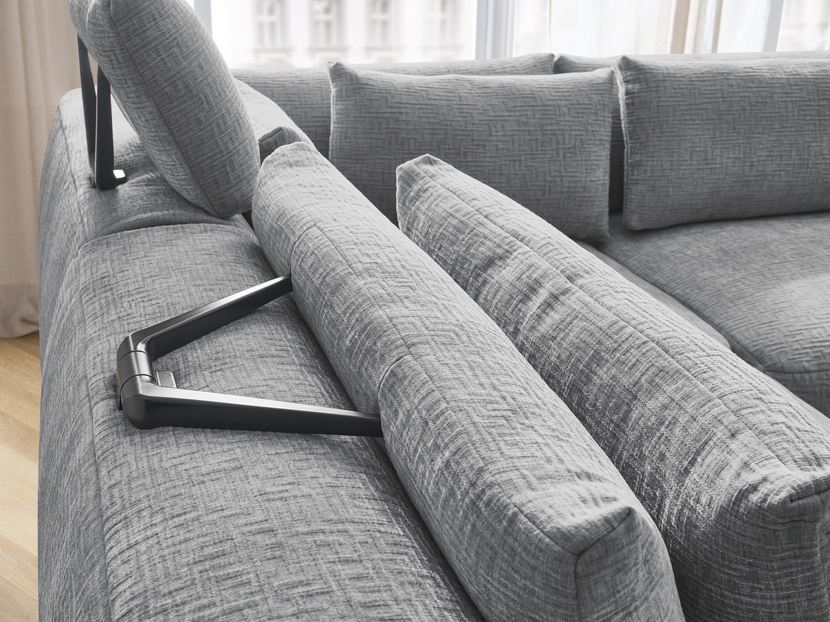 Canapé d'angle fixe modulable avec têtières JANA tissu texturé avec 2 chauffeuses, 1 angle et 2 poufs