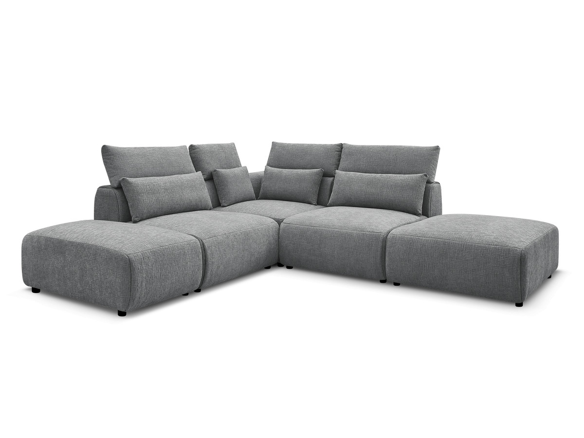 Canapé d'angle fixe modulable avec têtières JANA tissu texturé avec 2 chauffeuses, 1 angle et 2 poufs