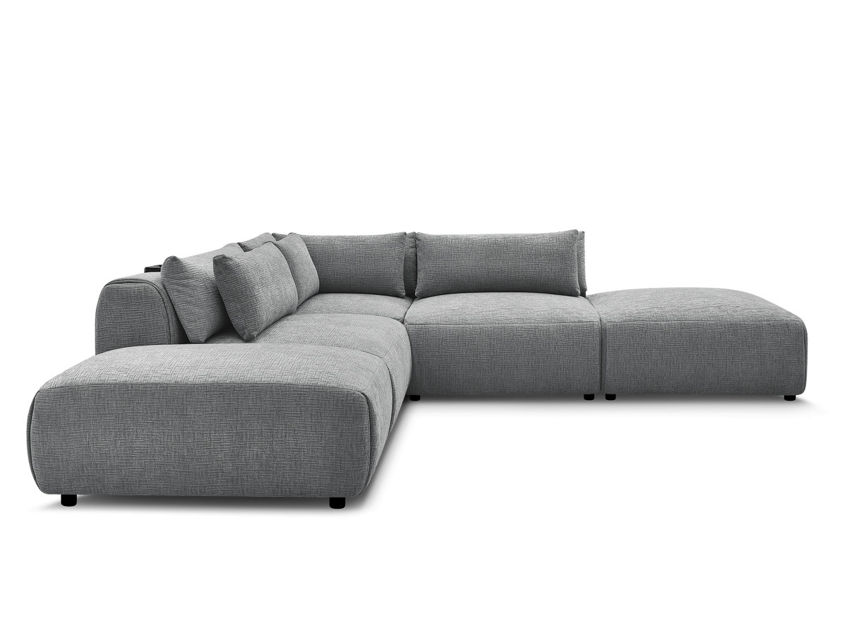 Canapé d'angle fixe modulable avec têtières JANA tissu texturé avec 2 chauffeuses, 1 angle et 2 poufs