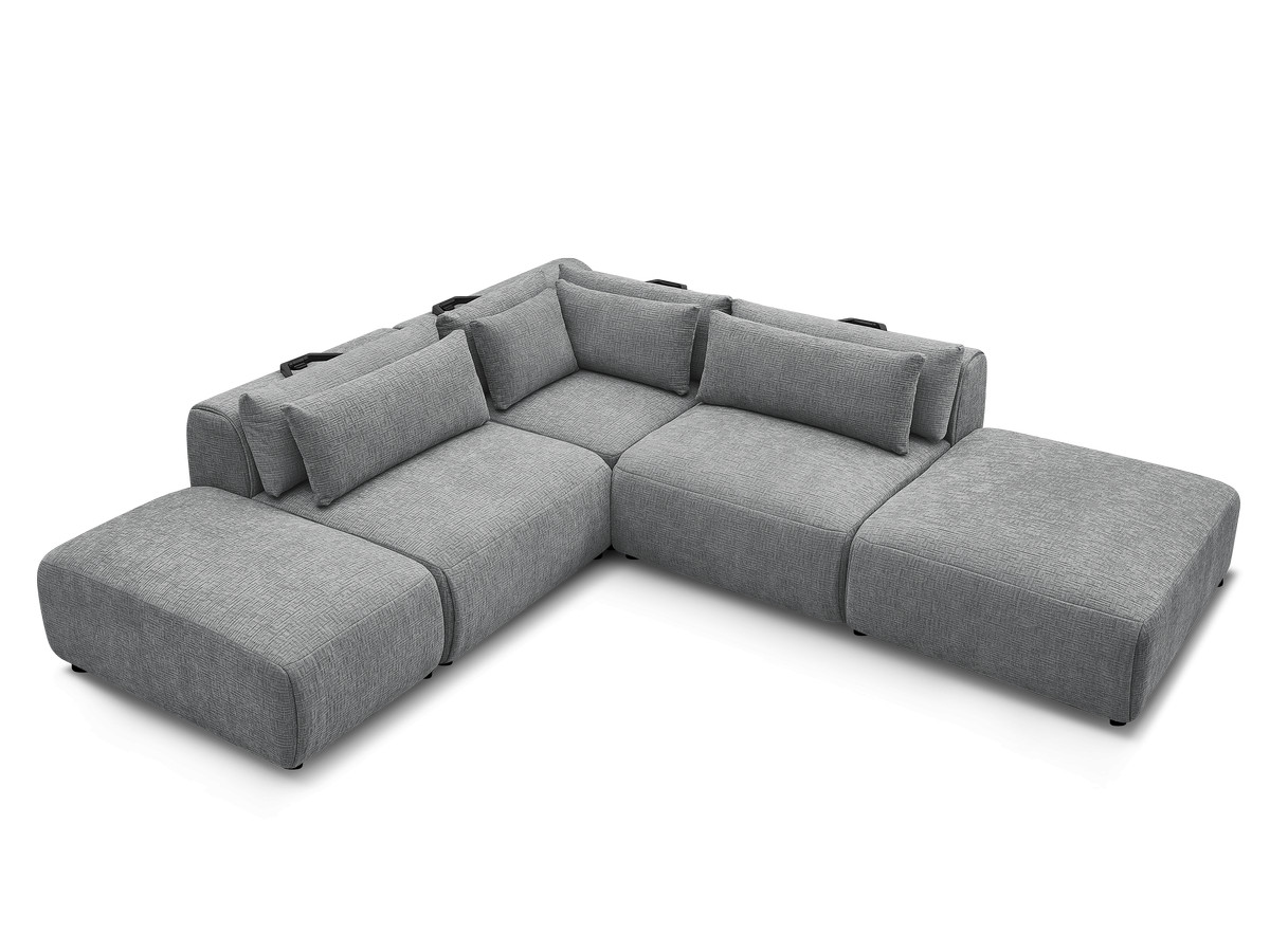 Canapé d'angle fixe modulable avec têtières JANA tissu texturé avec 2 chauffeuses, 1 angle et 2 poufs