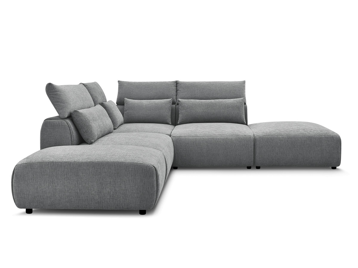 Canapé d'angle fixe modulable avec têtières JANA tissu texturé avec 2 chauffeuses, 1 angle et 2 poufs