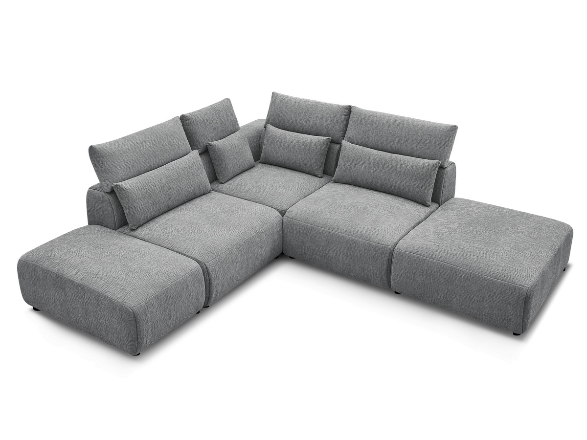 Canapé d'angle fixe modulable avec têtières JANA tissu texturé avec 2 chauffeuses, 1 angle et 2 poufs