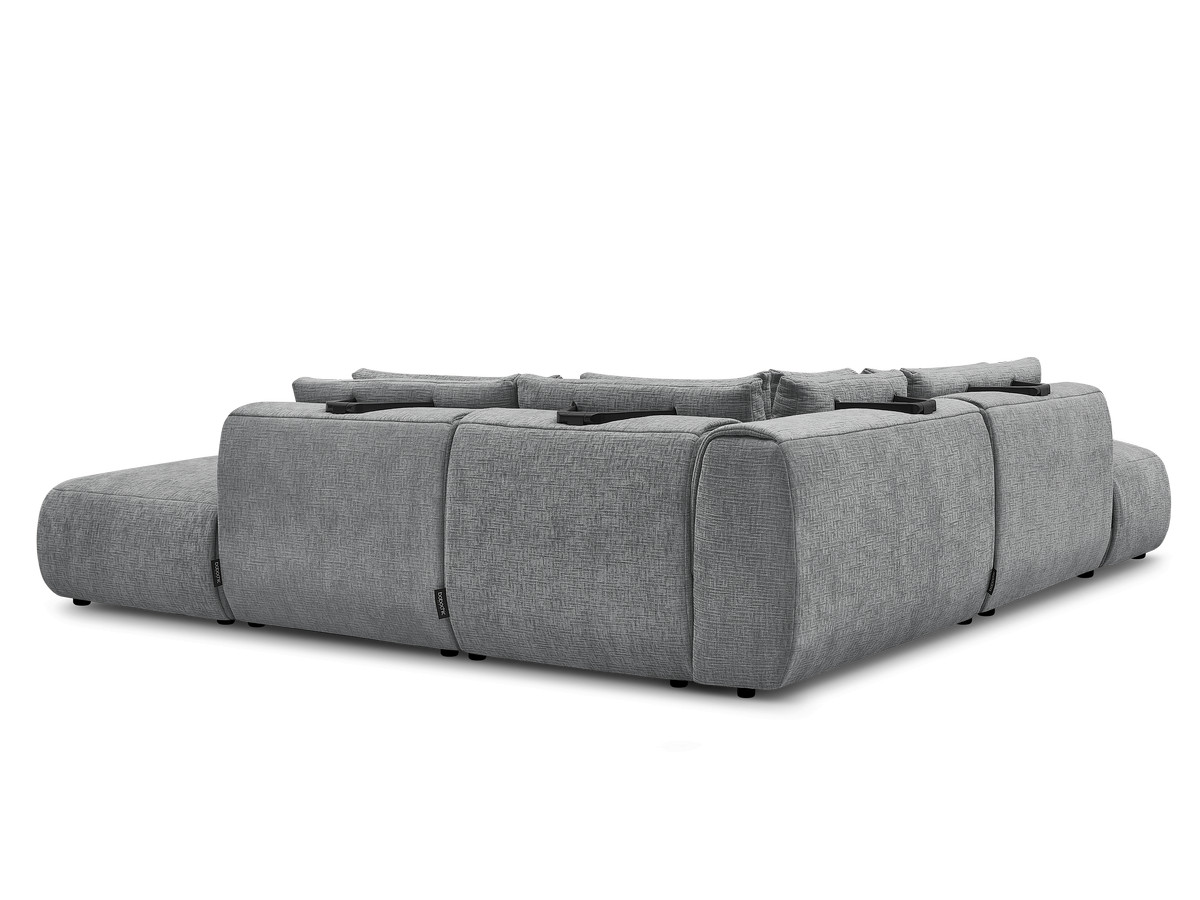 Canapé d'angle fixe modulable avec têtières JANA tissu texturé avec 2 chauffeuses, 1 angle et 2 poufs