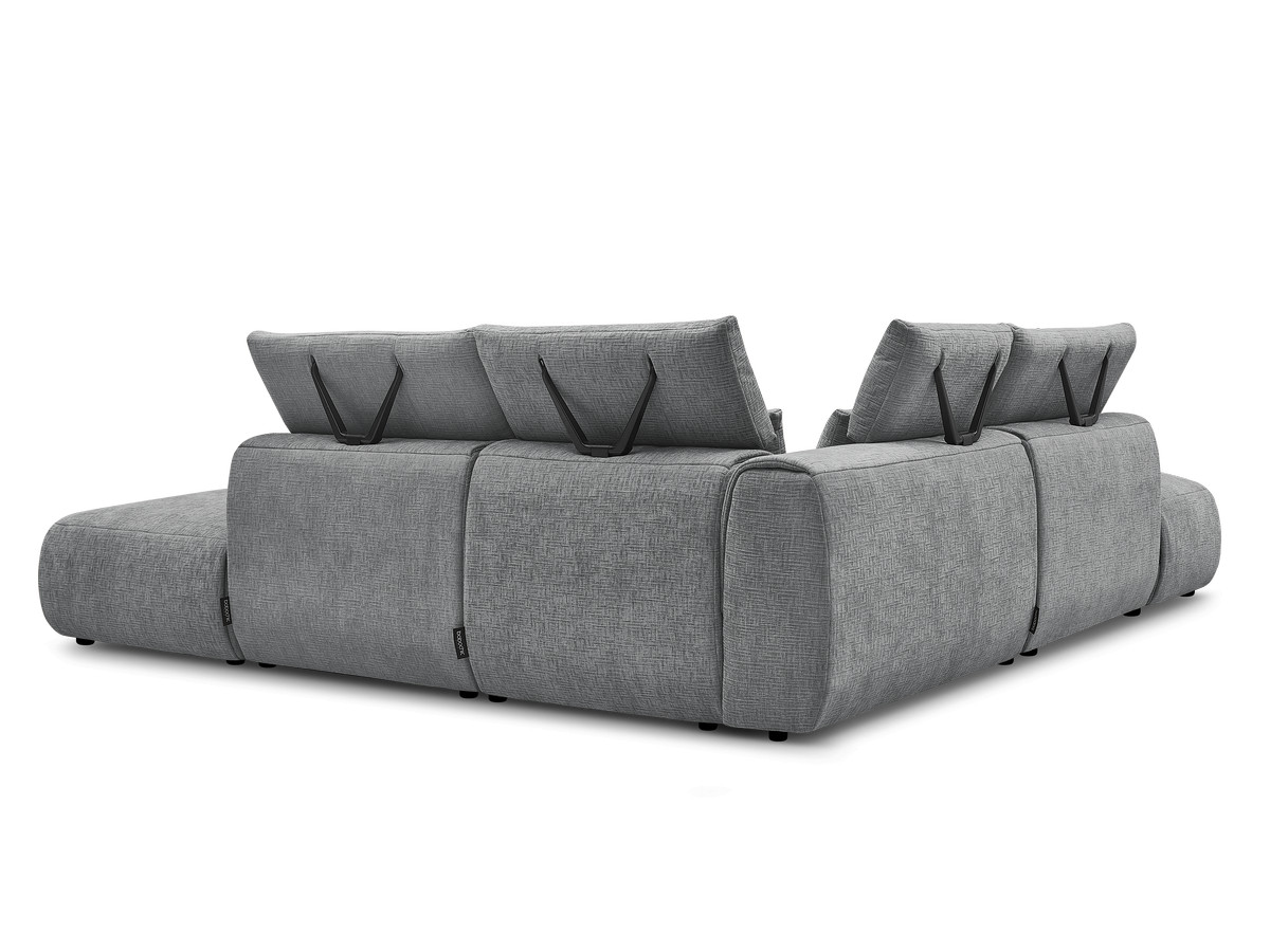 Canapé d'angle fixe modulable avec têtières JANA tissu texturé avec 2 chauffeuses, 1 angle et 2 poufs