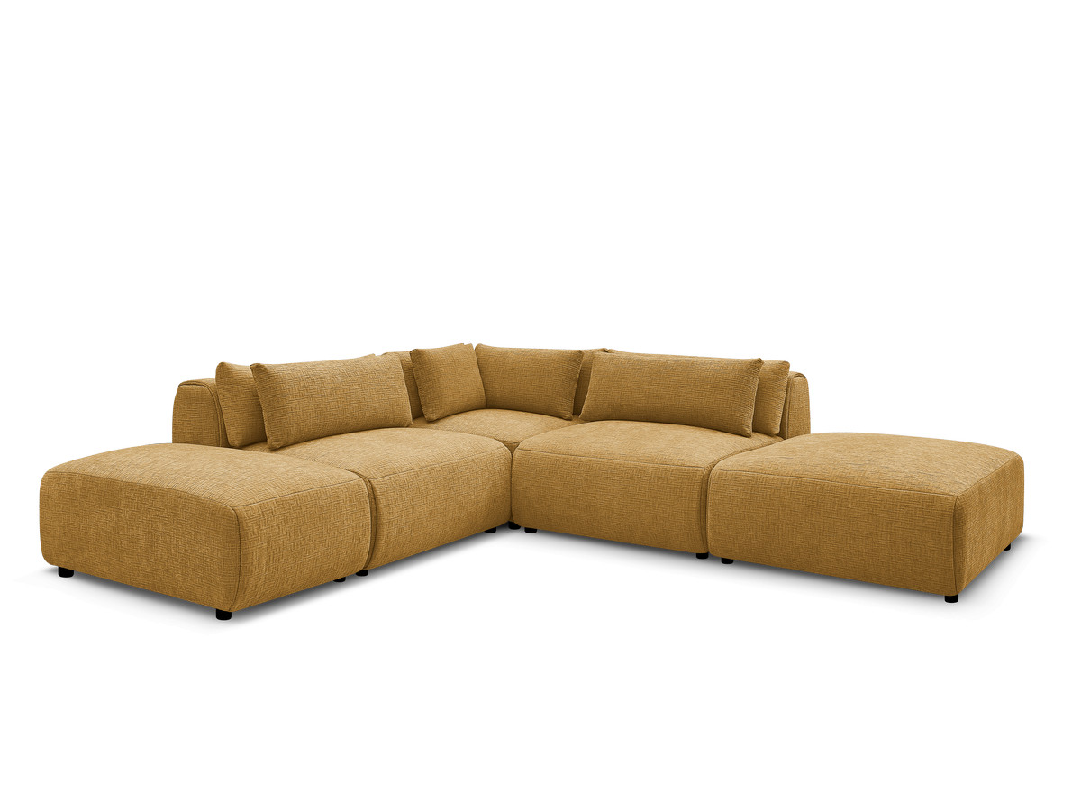 canapé d'angle fixe modulable avec têtières jana tissu texturé avec 2 chauffeuses, 1 angle et 2 poufs de couleur jaune