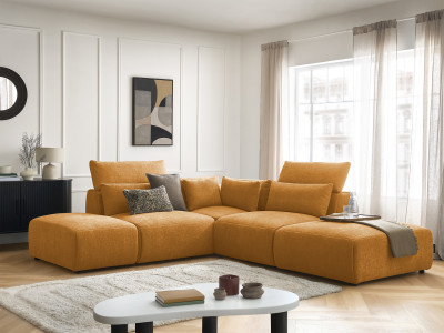 Canapé d'angle fixe modulable avec têtières JANA tissu texturé avec 2 chauffeuses, 1 angle et 2 poufs
