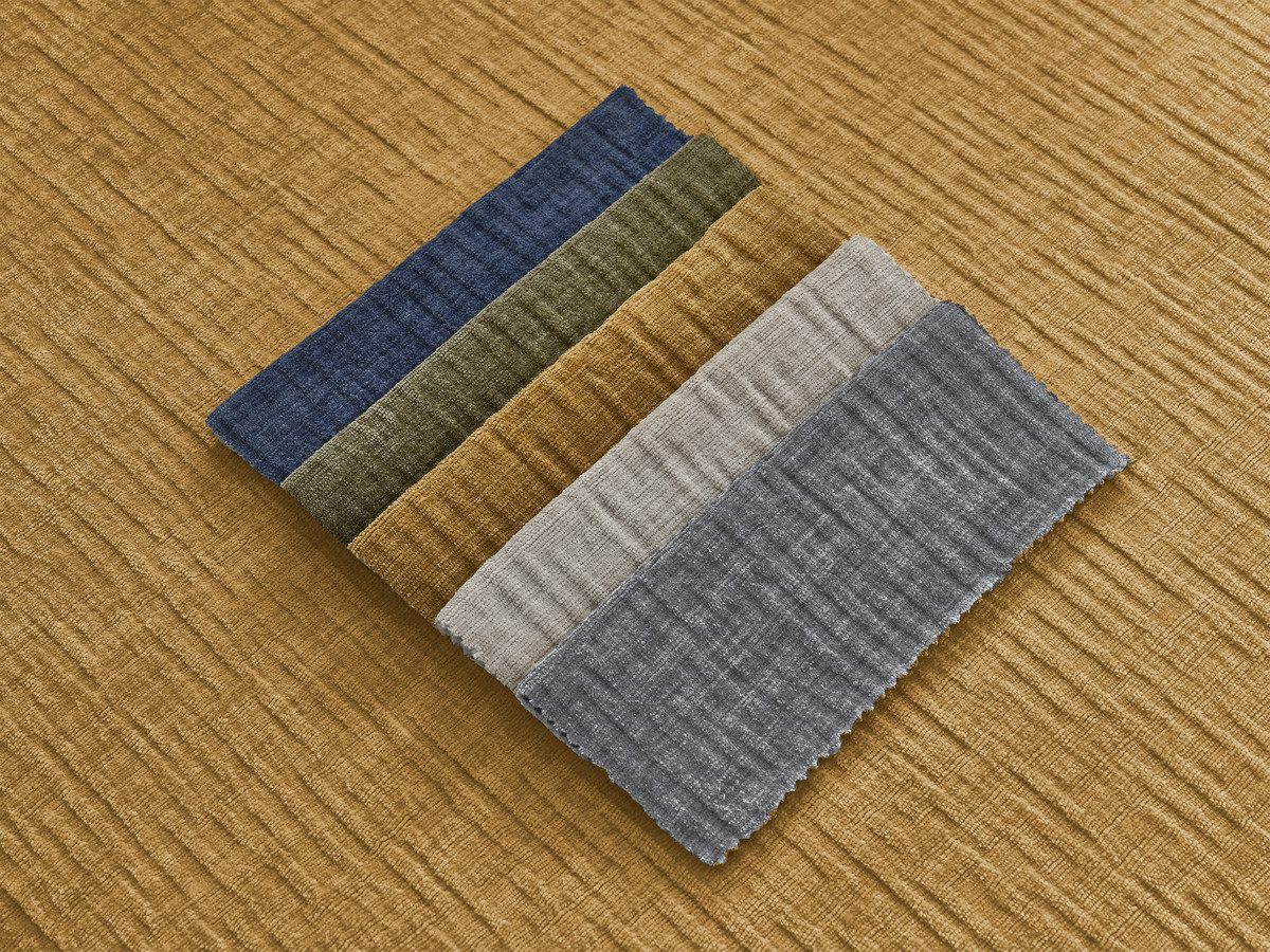 Canapé d'angle fixe modulable avec têtières JANA tissu texturé avec 2 chauffeuses, 1 angle et 2 poufs